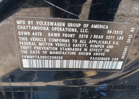 2013 Volkswagen Passat 2.5L Se из США, поврежденный, VIN 1VWBP7A39DC036020